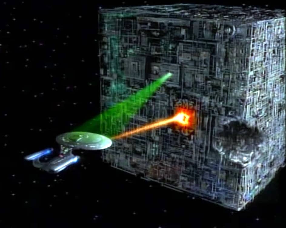 Star Trek TNG: Q Who? Enterprise and Borg. Dancing with change
